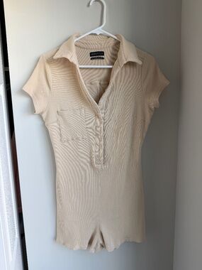 Urban Outfitters Shorts Utility Cotton Romper, Beige/Ribbed, Size Large